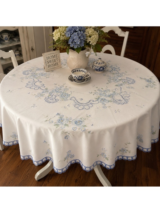 Other - Vintage 68 Inch Round Tablecloth Blue Floral Embroidery Lace Trim